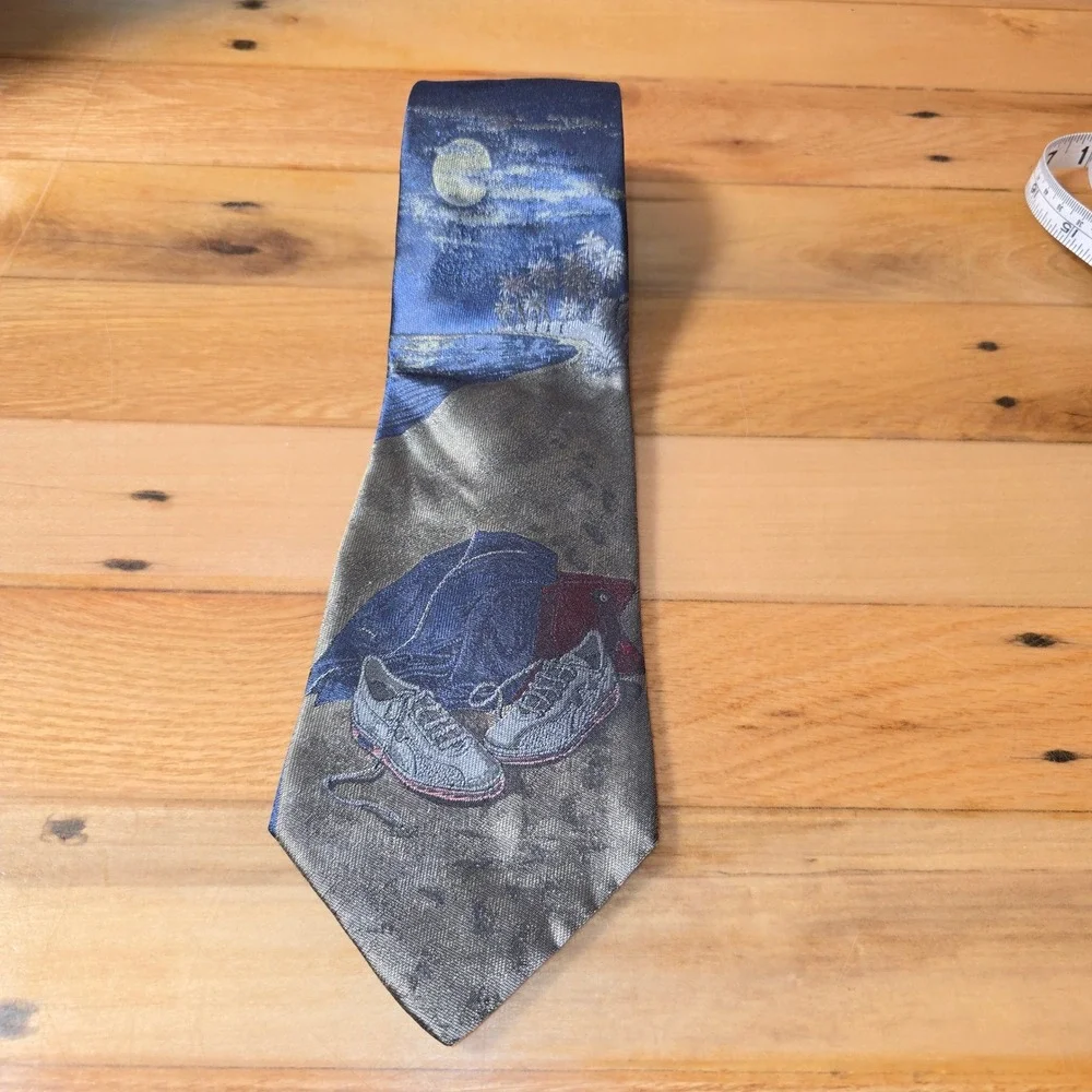 xAndrini Mens Silk Tie Sneakers Jeans Moon Graphic Print Blue Gold Handmade USA
